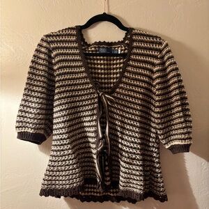 Polo by Ralph Lauren Brown & Cream Striped Cardigan with Tie-Front